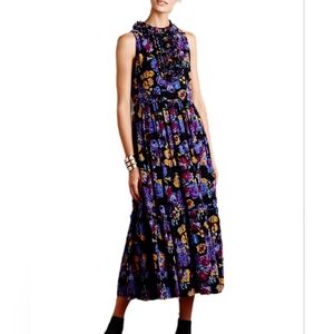 Karen Walker Ruffle Neckline Dark Floral Trapeze Maxi Dress Boho Chic